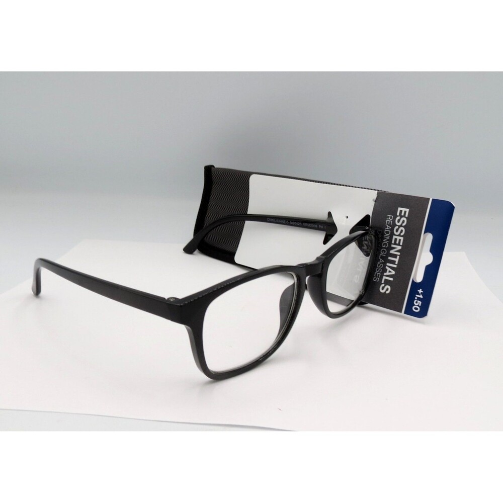 Essentials Black Reading Glasses +1.50 Magnification with Case